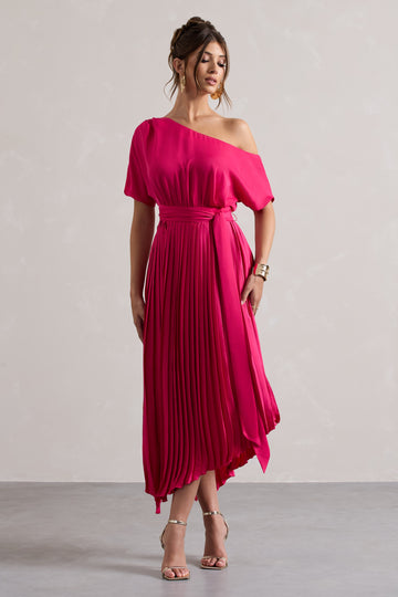India Hot Pink Satin Asymmetric Plisse Maxi Dress
